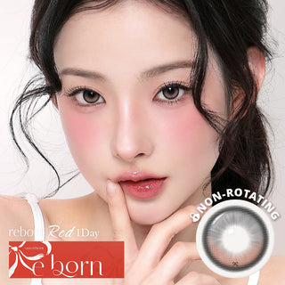 Model wearing i-SHA Reborn Red 1-Day Rosy Cream (10pk) colored contact lenses from EyeCandys