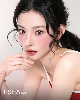 Model wearing i-SHA Reborn Red 1-Day Rosy Cream (10pk) colored contact lenses from EyeCandys