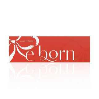 Red rectangular "I-Sha Reborn" logo with elegant white typography, decorative floral elements, and a dotted gradient pattern on a white background.