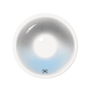 Close-up product image of blue gray contact lens featuring an intricate dotted pattern, soft gradient, hading, a clear central pupil opening, and a subtle brand logo.