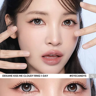 Model with natural makeup and long lashes wearing EyeCandys i-Sha Dekame Kiss Me 1-Day Cloudy Ring Grey colored contact lenses, close-up of her eyes showing the lens effect