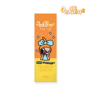 Packaging of EyeCandys i-Sha Dekame Kiss Me 1-Day Yuzu Boom Brown colored contact lenses, 10 pack