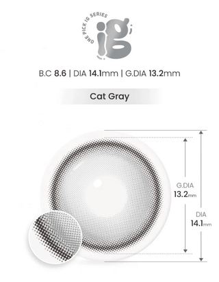 Detailed view of Eyecandys Onepick Cat Gray color contact lens – BC 8.6, DIA 14.1mm, G.DIA 13.2mm – bold and natural-looking prescription colored contact lenses