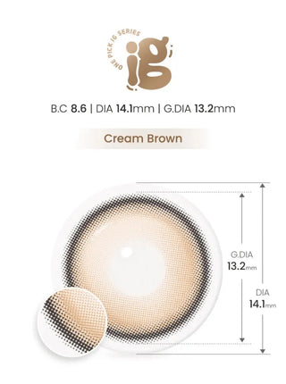 Detailed view of Eyecandys Onepick Cream Brown color contact lens – BC 8.6, DIA 14.1mm, G.DIA 13.2mm – subtle and soft prescription colored contact lenses for a flawless finish.