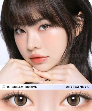A female model with natural dark eyes wearing i-Girl IG Cream Brown contact lenses, complemented by subtle eyeshadow and pink lipstick and Close-up image showcases the model's eyes adorned with the same brown contact lenses