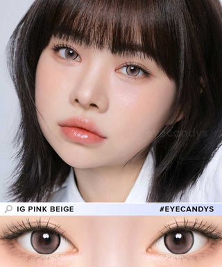 A female model with natural dark eyes wearing i-Girl IG Pink Beige contact lenses, complemented by subtle eyeshadow and pink lipstick and Close-up image showcases the model's eyes adorned with the same pink contact lenses