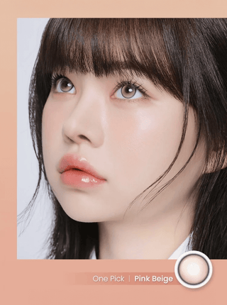 Girl showcasing Eyecandys Pink Beige prescription colored contact lenses – comfortable and natural-looking