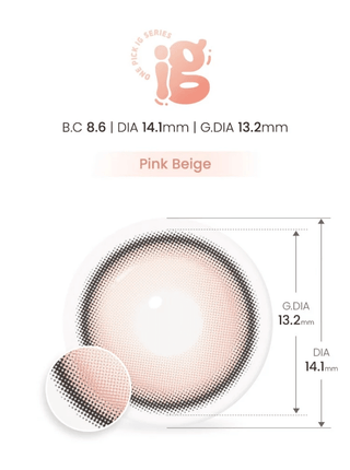 Detailed design of Eyecandys Onepick Pink Beige color contact lens – BC 8.6, DIA 14.1mm, G.DIA 13.2mm – soft and subtle prescription colored contact lenses