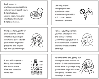 A six-panel guide illustrating contact lens care steps for colored contacts. Panels cover soaking lenses in solution, using the correct liquid, proper lens insertion techniques, checking placement if vision is blurry, and the proper removal method.
