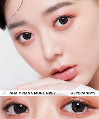 Model showcasing the natural look using i-Sha Oriana Mune 1-Day Grey (10pk) prescription colored contact lenses, above a closeup of a pair of eyes enhanced and widened by the circle lenses.