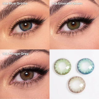 Collage of dark brown eyes wearing EyeCandys colored contact lenses in Isla Mirage Grey, Isla Emerald Green, and Isla Blue Grotto — showcasing natural-looking, vibrant prescription colored contact lenses for a striking eye color change.