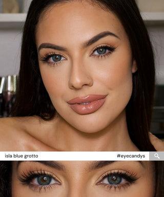 Collage of Monica wearing EyeCandys Isla Blue Grotto prescription colored contact lenses, showing full-face and close-up eye shots – vibrant blue color contact lenses for a natural, captivating look.