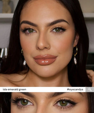 Collage of Monica wearing EyeCandys Isla Emerald Green prescription colored contact lenses, featuring full-face and close-up eye shots – vibrant green color contact lenses for a bold yet natural look.