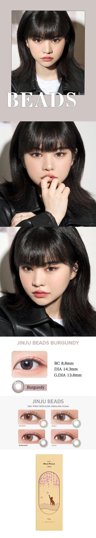 Variety of DooNoon Jinju Beads 1-Day Burgundy (10pk) contact lens colors displayed, with closeups of an eye wearing the contact lens colors, and with a model wearing the contact lens colors showing realistic eye-enlarging effect from various angles.