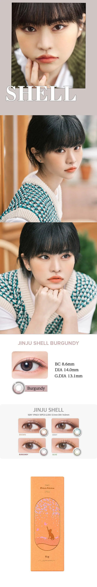 Variety of DooNoon Jinju Shell 1-Day Burgundy (10pk) contact lens colors displayed, with closeups of an eye wearing the contact lens colors, and with a model wearing the contact lens colors showing realistic eye-enlarging effect from various angles.