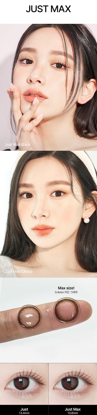 A close-up of a model demonstrating a natural makeup look with Ann365 JUST MAX Choco circle colour contacts, highlighting how well the contact lenses blend with her dark eyes.