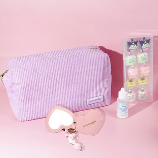 EyeCandys Lens Travel Kit featuring Dream Eye Lubricating Lens Drops, Kawaii Character Contact Lens Case, Corduroy Makeup Clutch, and Somethin’ Sweet Mirror Charm – the perfect all-in-one kit for stylish and convenient contact lens care on the go.