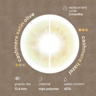 A diagram of a green and brown contact lens named "cashmere satin olive." It shows specs: diameter 12.4mm, material MPC polymer, 40% water content, and a 3-month replacement cycle.
