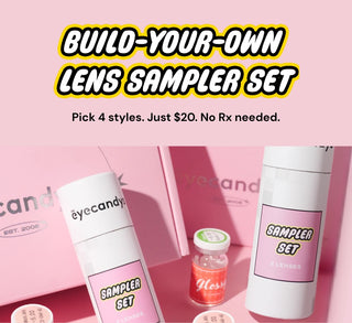 EyeCandys Amelie and Glossy contact lens glass vials with cardboard tube packaging – Build Your Own Lens Sampler Set