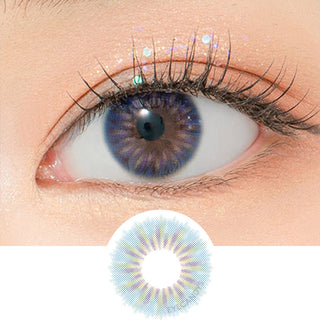 Close-up shot of a model's eye wearing Lensrang Ailleen Blue color contacts with prescription, paired with K-beauty-inspired eye makeup, showing the brightening and enlarging effect of the circle contact lens on dark brown eyes, above a cutout of the contact lens pattern with limbal ring on a white background.