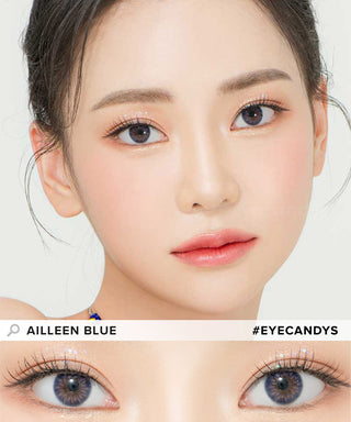 Model demonstrating a Kpop-inspired look with Lensrang Ailleen Blue coloured contact lenses, demonstrating the brightening and enlarging effect of the circle contact lenses on her dark eyes.