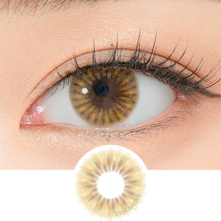 Close-up shot of a model's eye wearing Lensrang Ailleen Brown color contacts with prescription, paired with K-beauty-inspired eye makeup, showing the brightening and enlarging effect of the circle contact lens on dark brown eyes, above a cutout of the contact lens pattern with limbal ring on a white background.
