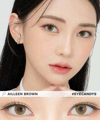 Model demonstrating a Kpop-inspired look with Lensrang Ailleen Brown coloured contact lenses, demonstrating the brightening and enlarging effect of the circle contact lenses on her dark eyes.
