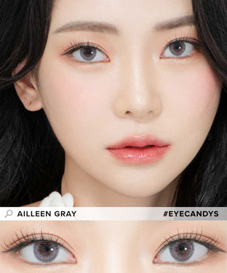 Model demonstrating a Kpop-inspired look with Lensrang Ailleen Grey coloured contact lenses, demonstrating the brightening and enlarging effect of the circle contact lenses on her dark eyes.