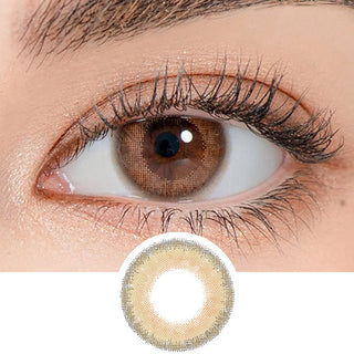 Close-up shot of a model's eye wearing Lensrang Celinay Brown color contacts with prescription, paired with K-beauty-inspired eye makeup, showing the brightening and enlarging effect of the circle contact lens on dark brown eyes, above a cutout of the contact lens pattern with limbal ring on a white background.
