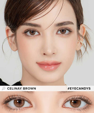 Model demonstrating a Kpop-inspired look with Lensrang Celinay Brown coloured contact lenses, demonstrating the brightening and enlarging effect of the circle contact lenses on her dark eyes.
