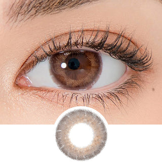 Close-up shot of a model's eye wearing Lensrang Celinay Choco color contacts with prescription, paired with K-beauty-inspired eye makeup, showing the brightening and enlarging effect of the circle contact lens on dark brown eyes, above a cutout of the contact lens pattern with limbal ring on a white background.