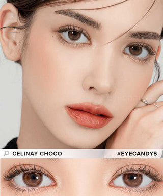 Model demonstrating a Kpop-inspired look with Lensrang Celinay Choco coloured contact lenses, demonstrating the brightening and enlarging effect of the circle contact lenses on her dark eyes.