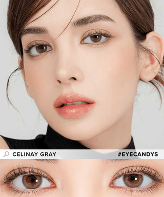 Model demonstrating a Kpop-inspired look with Lensrang Celinay Grey coloured contact lenses, demonstrating the brightening and enlarging effect of the circle contact lenses on her dark eyes.
