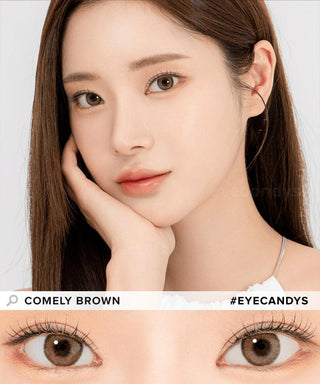 Model demonstrating a Kpop-inspired look with Lensrang Comely Brown coloured contact lenses, demonstrating the brightening and enlarging effect of the circle contact lenses on her dark eyes.