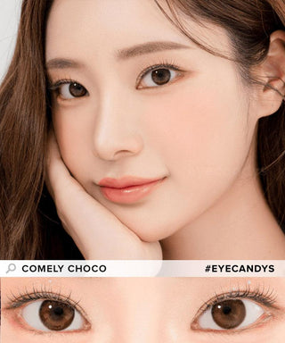 Model demonstrating a Kpop-inspired look with Lensrang Comely Choco coloured contact lenses, demonstrating the brightening and enlarging effect of the circle contact lenses on her dark eyes.