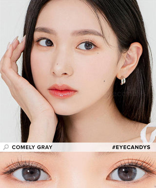 Model demonstrating a Kpop-inspired look with Lensrang Comely Grey coloured contact lenses, demonstrating the brightening and enlarging effect of the circle contact lenses on her dark eyes.