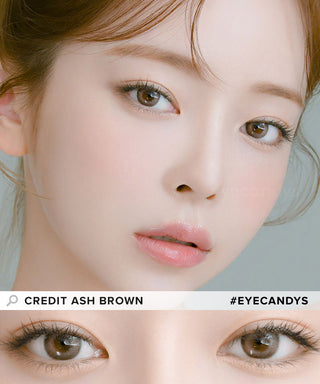 Model demonstrating a Kpop-inspired look with Lensrang Credit Ash Brown coloured contact lenses, demonstrating the brightening and enlarging effect of the circle contact lenses on her dark eyes.