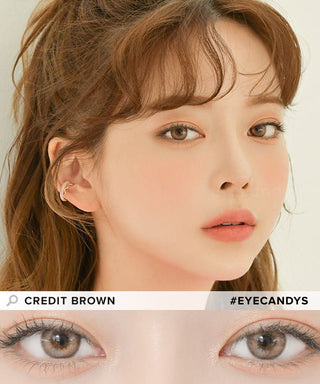 Model demonstrating a Kpop-inspired look with Lensrang Credit Brown coloured contact lenses, demonstrating the brightening and enlarging effect of the circle contact lenses on her dark eyes.