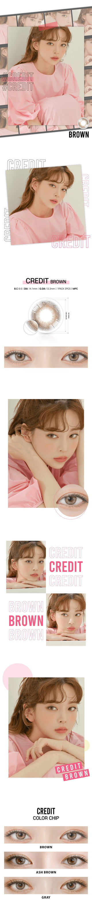 Various angles of a female Asian model wearing the Credit Brown colored contacts prescription, including close-up shots of her eyes showing the transformation of her dark eyes by the circle lenses