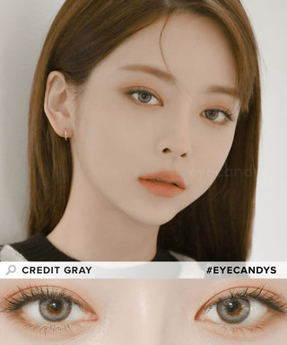 Model demonstrating a Kpop-inspired look with Lensrang Credit Grey coloured contact lenses, demonstrating the brightening and enlarging effect of the circle contact lenses on her dark eyes.