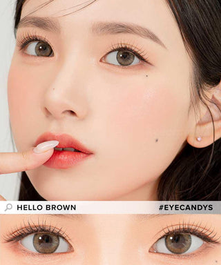Model demonstrating a Kpop-inspired look with Lensrang Hello Brown coloured contact lenses, demonstrating the brightening and enlarging effect of the circle contact lenses on her dark eyes.