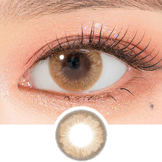 Close-up shot of a model's eye wearing Lensrang Hello Hazel color contacts with prescription, paired with K-beauty-inspired eye makeup, showing the brightening and enlarging effect of the circle contact lens on dark brown eyes, above a cutout of the contact lens pattern with limbal ring on a white background.