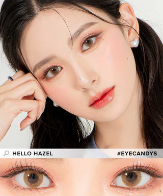 Model demonstrating a Kpop-inspired look with Lensrang Hello Hazel coloured contact lenses, demonstrating the brightening and enlarging effect of the circle contact lenses on her dark eyes.