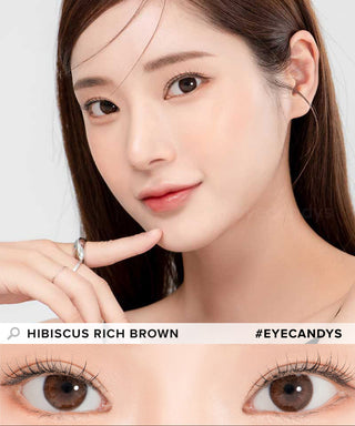 Model demonstrating a Kpop-inspired look with Lensrang Hibiscus Rich Brown coloured contact lenses, demonstrating the brightening and enlarging effect of the circle contact lenses on her dark eyes.