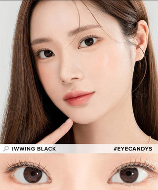 Model demonstrating a Kpop-inspired look with Lensrang Iwwing Black coloured contact lenses, demonstrating the brightening and enlarging effect of the circle contact lenses on her dark eyes.