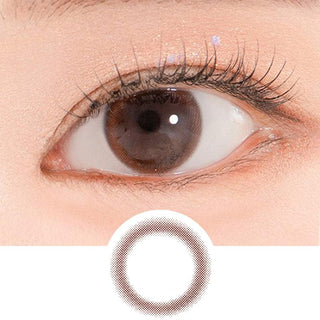 Close-up shot of a model's eye wearing Lensrang Iwwing Choco color contacts with prescription, paired with K-beauty-inspired eye makeup, showing the brightening and enlarging effect of the circle contact lens on dark brown eyes, above a cutout of the contact lens pattern with limbal ring on a white background.