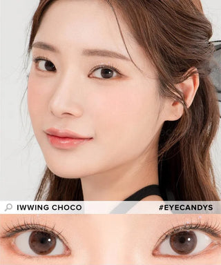 Model demonstrating a Kpop-inspired look with Lensrang Iwwing Choco coloured contact lenses, demonstrating the brightening and enlarging effect of the circle contact lenses on her dark eyes.