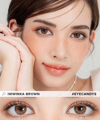 Model demonstrating a Kpop-inspired look with Lensrang Iwwinka Brown coloured contact lenses, demonstrating the brightening and enlarging effect of the circle contact lenses on her dark eyes.
