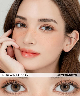Model demonstrating a Kpop-inspired look with Lensrang Iwwinka Grey coloured contact lenses, demonstrating the brightening and enlarging effect of the circle contact lenses on her dark eyes.