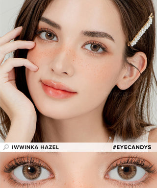 Model demonstrating a Kpop-inspired look with Lensrang Iwwinka Hazel coloured contact lenses, demonstrating the brightening and enlarging effect of the circle contact lenses on her dark eyes.
